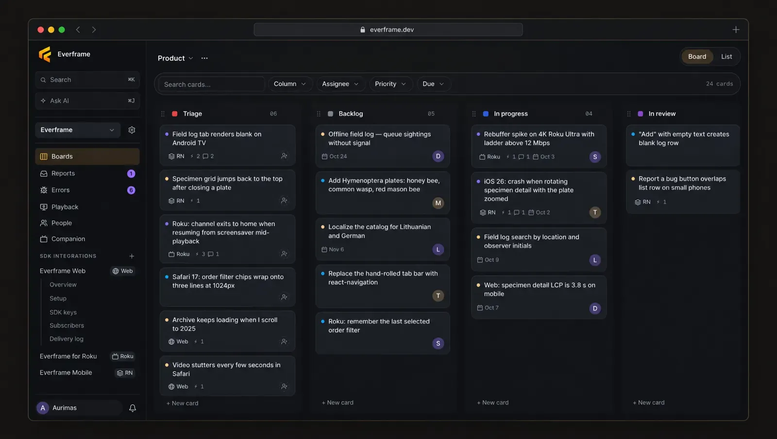 Board with Triage, Backlog, In progress and In review columns of bug cards from Roku, React Native and web.