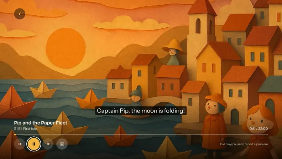 Apple TV playing Pip and the Paper Fleet with a subtitle on screen.