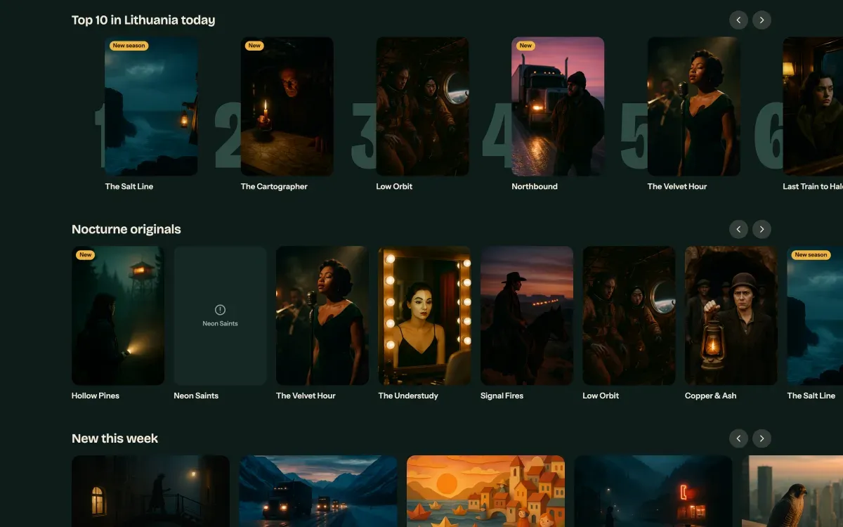 Nocturne TV on the web with the Neon Saints poster missing from the originals row.