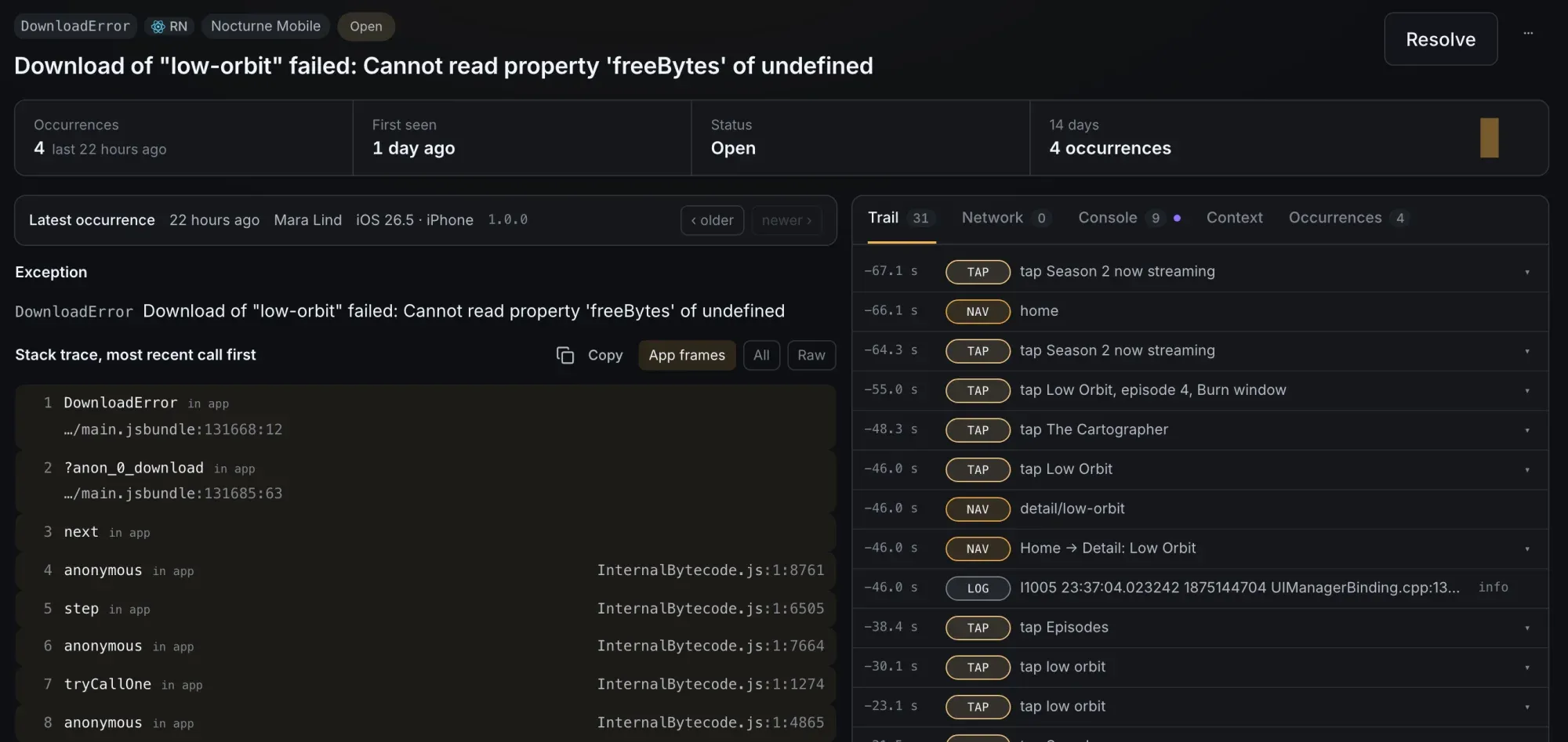 Everframe error detail for DownloadError, Download of low-orbit failed: Cannot read property freeBytes of undefined. Four occurrences, latest from Mara Lind on iOS 26.5 iPhone, version 1.0.0, with the stack trace and the trail of taps and screens before it.