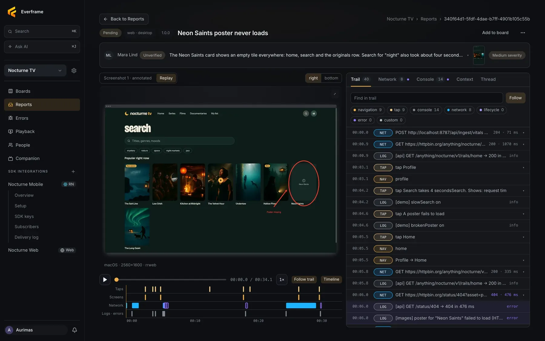 Report Neon Saints poster never loads with an rrweb replay of the web app and its trail.