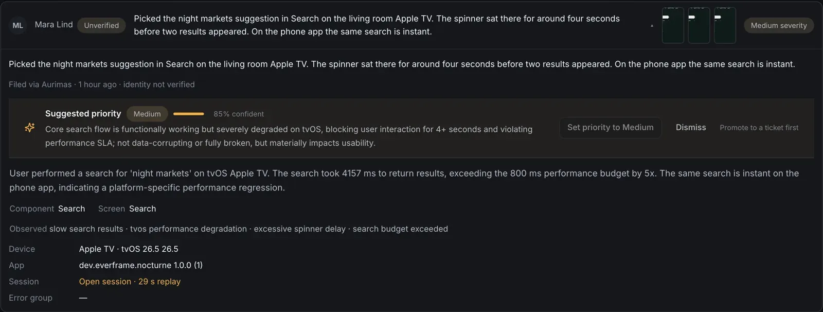 Suggested priority Medium at 85% confidence for a slow Apple TV search, 4157 ms against an 800 ms budget.
