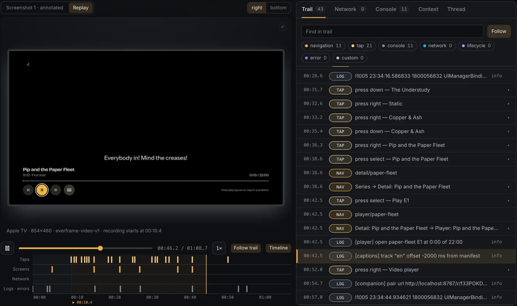 Everframe dashboard replaying an Apple TV session while Follow trail highlights remote presses, screen changes and logs, moment 5 of 6.
