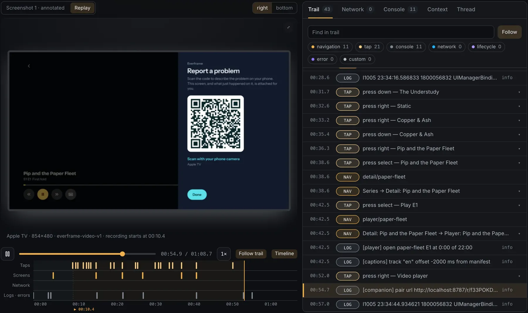 Everframe dashboard replaying an Apple TV session while Follow trail highlights remote presses, screen changes and logs, moment 6 of 6.